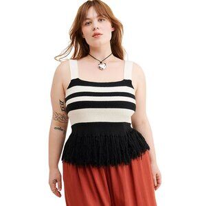 Eloquii Black and White Knit Fringe Tank